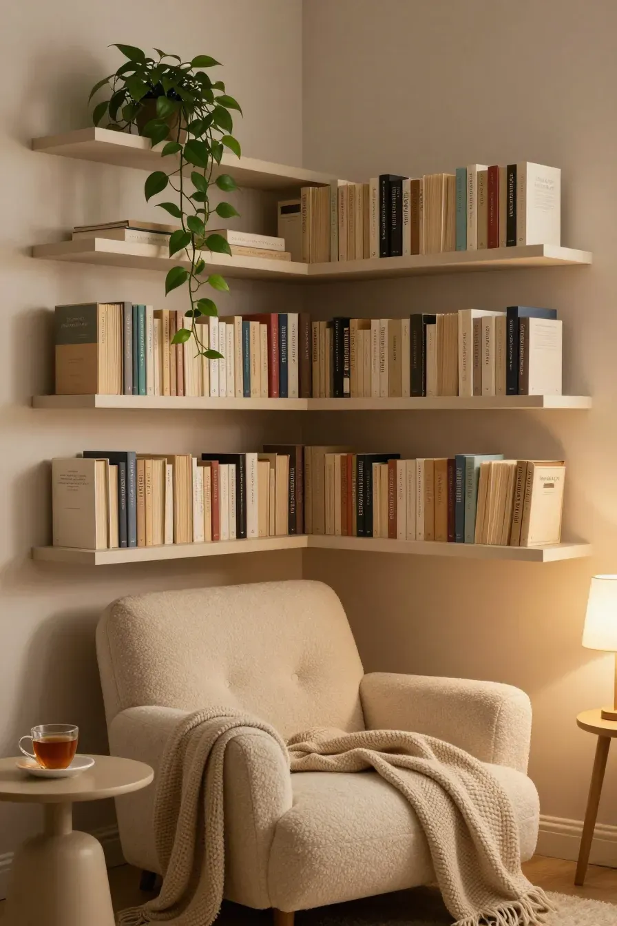 A cozy reading corner with beige floating bookshelves, a bouclé chair, and a trailing green plant.