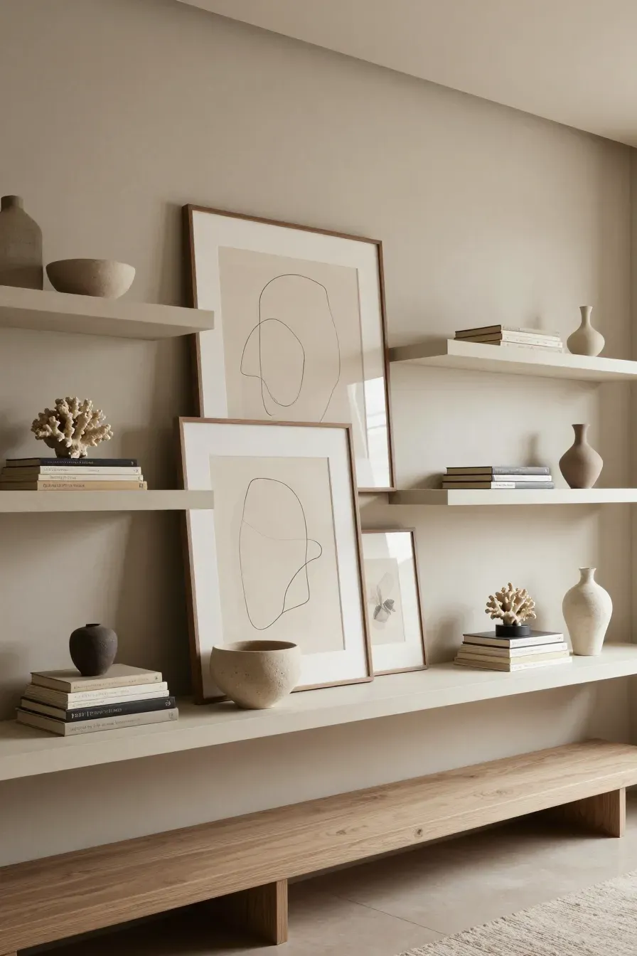 Beige floating shelves styled with layered art frames, ceramic bowls, and coral decor.