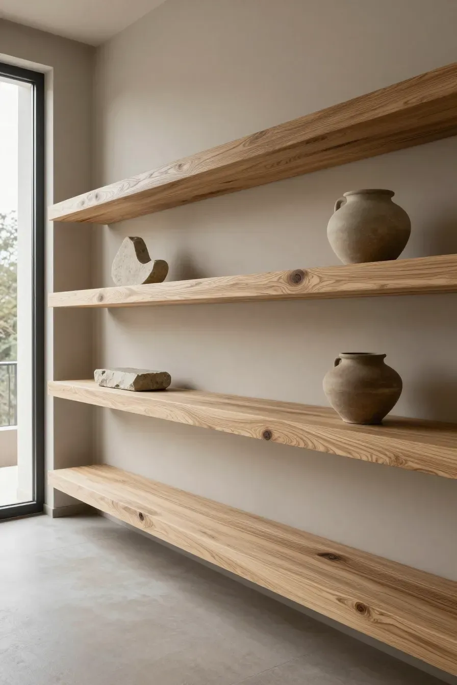 Thick reclaimed wood floating shelves with a matte finish on a taupe wall.