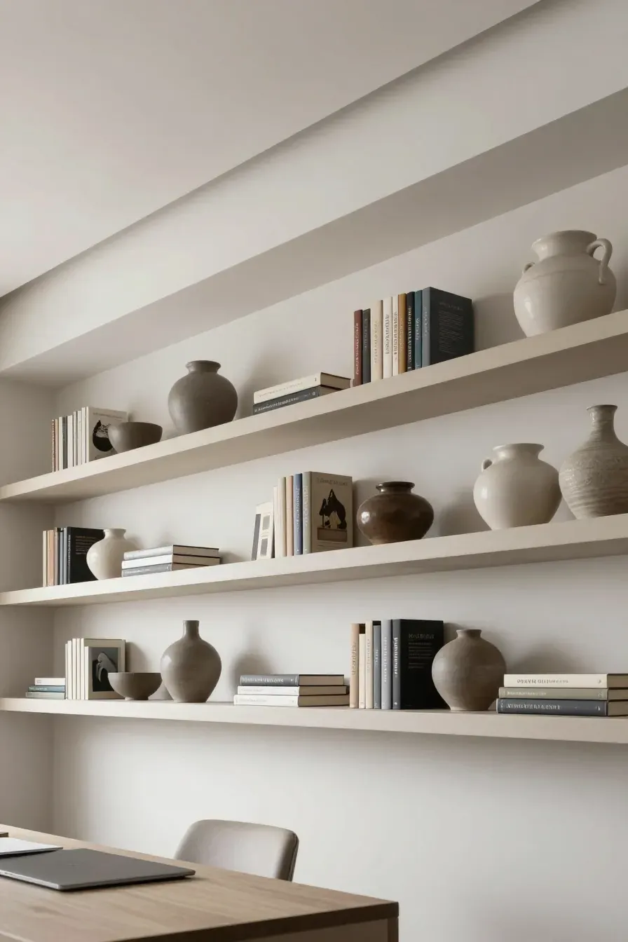 Perfectly level and sturdy beige floating shelves holding a collection of heavy books and pottery.