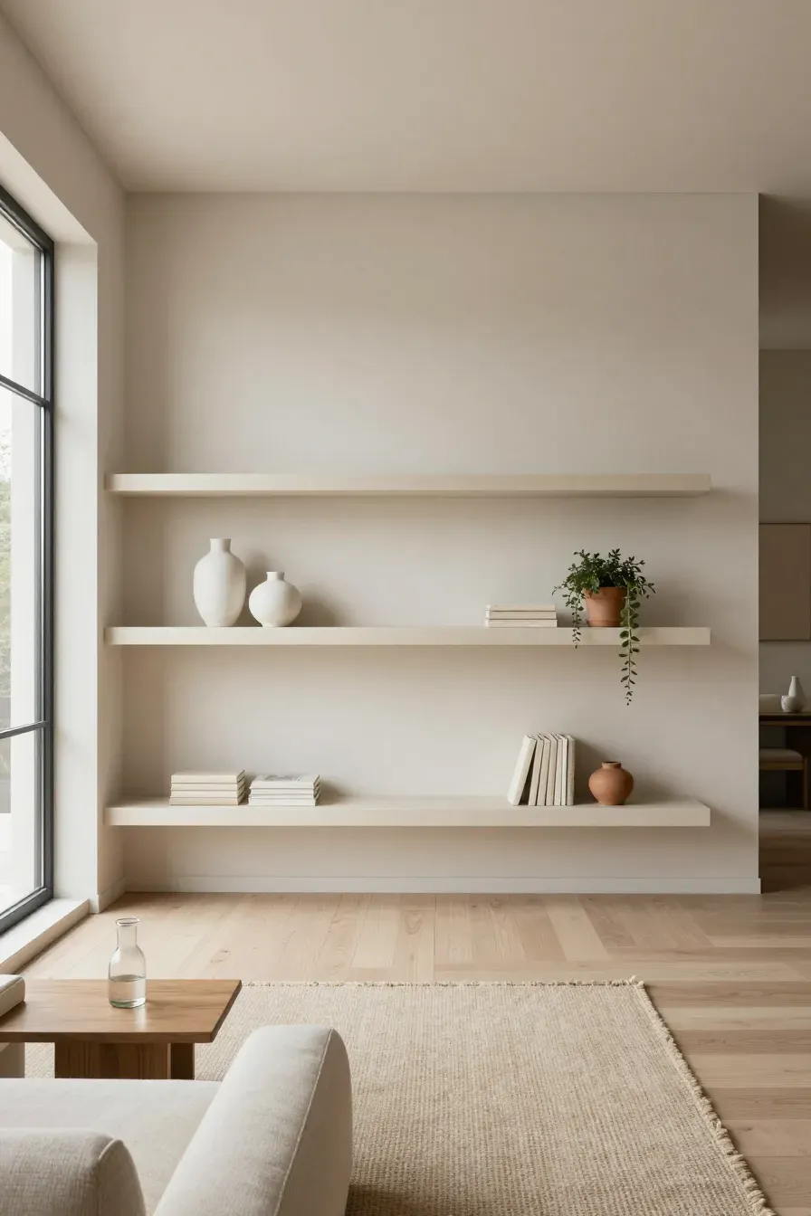 A wide-angle shot of clean beige floating shelves in a minimalist, sunlit living room.