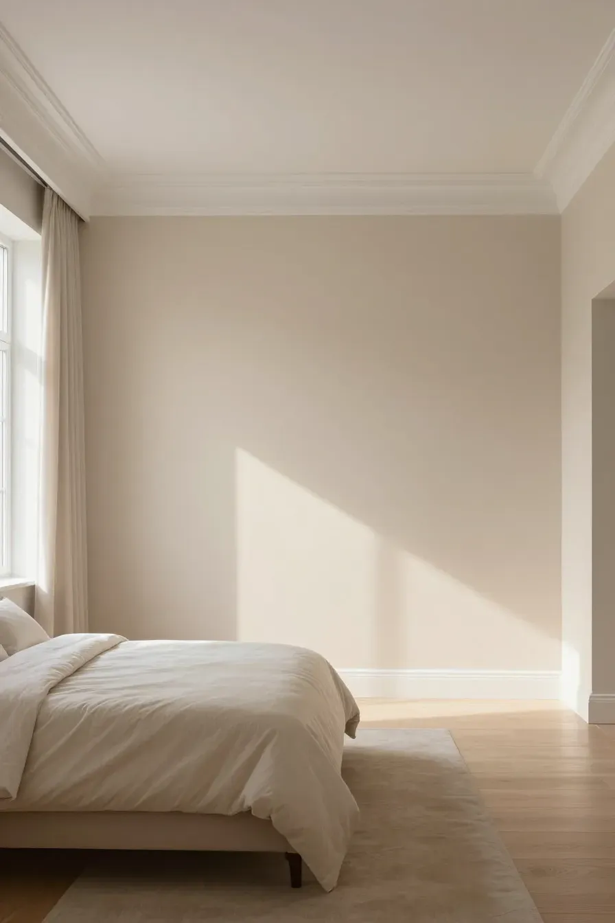 A wide, bright bedroom with light beige walls, white trim, and soft morning sunlight.