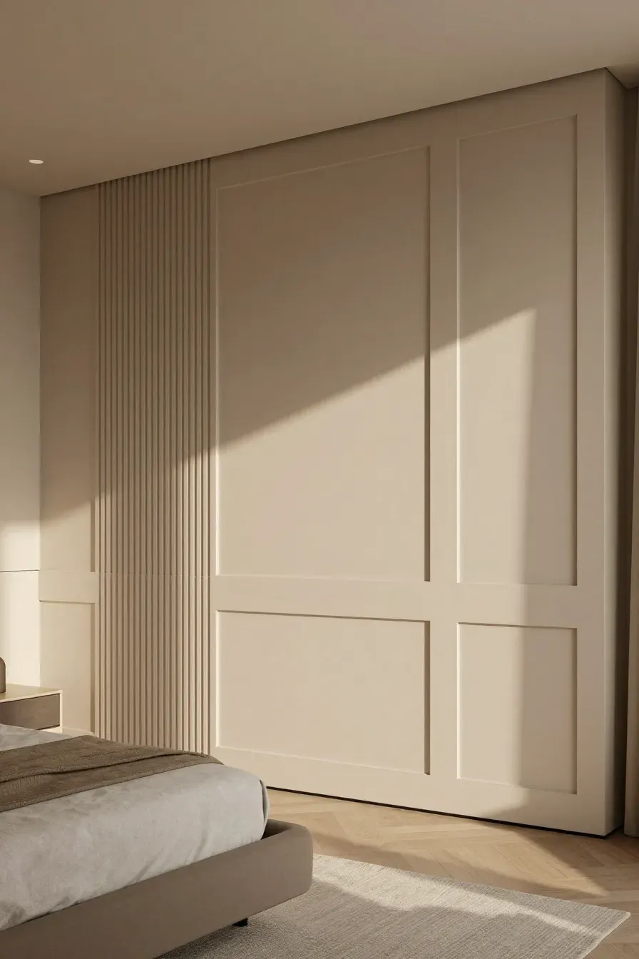 Modern vertical slat and rectangular wall paneling in a warm beige bedroom.