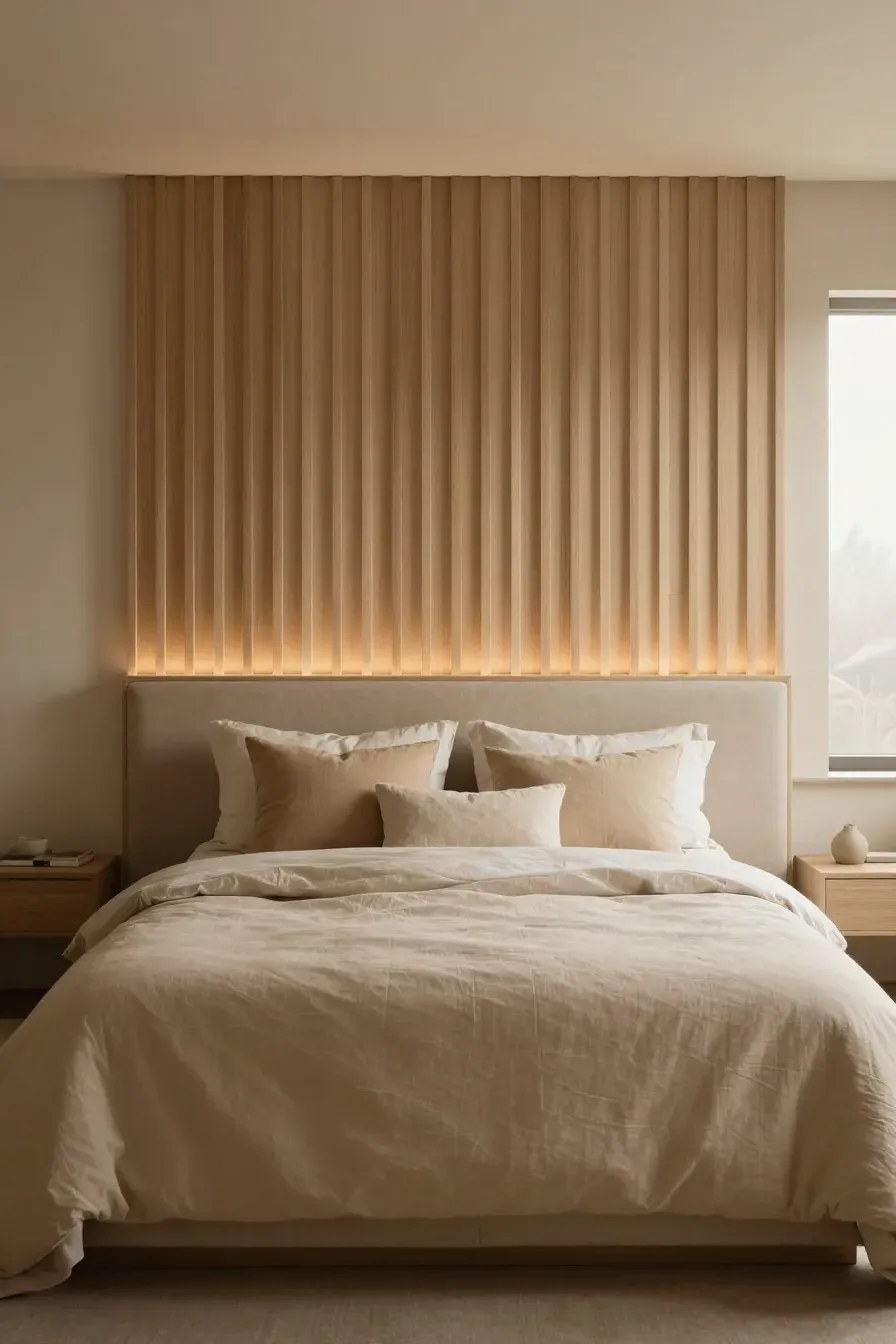 Vertical wood slat paneling behind a bed in a warm beige and cream bedroom.