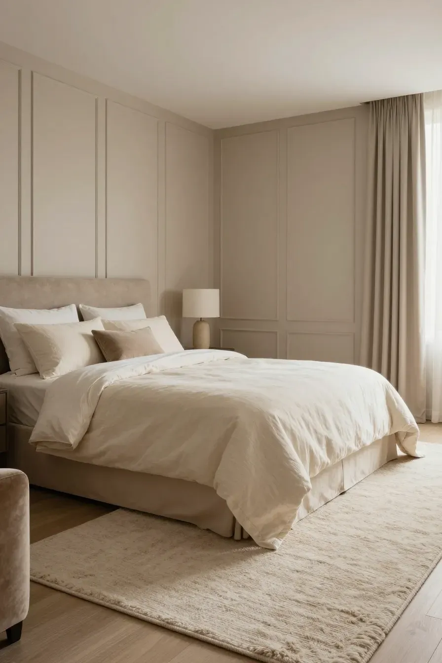 A luxurious bedroom layering cream bedding, beige walls, and various neutral textures.
