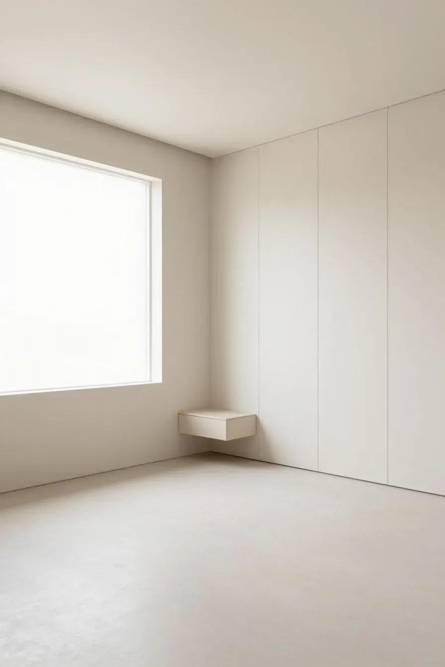 A small, airy bedroom with light beige walls and subtle modern paneling.