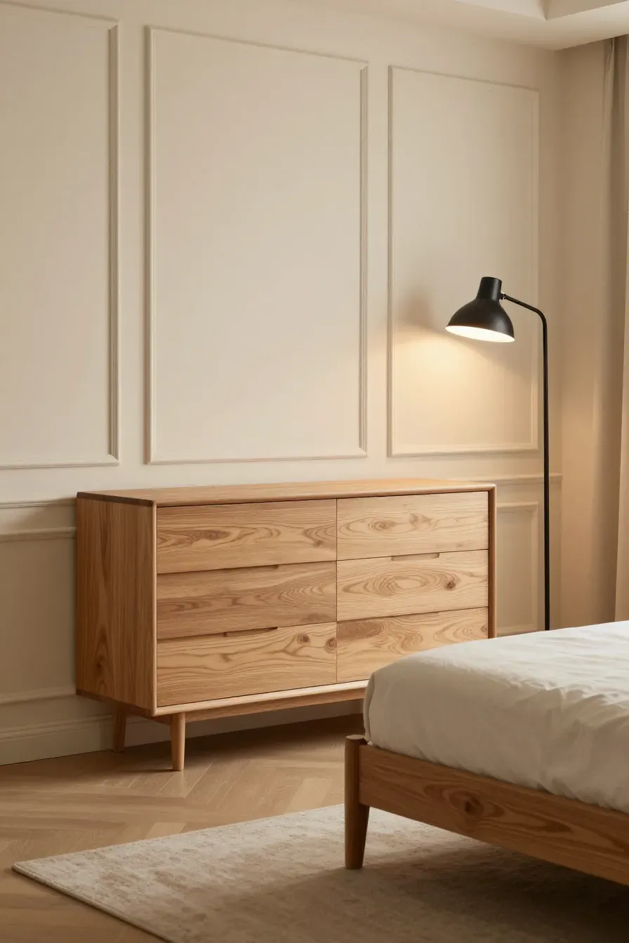 Oak furniture and black metal accents in a bedroom with cream paneled walls.