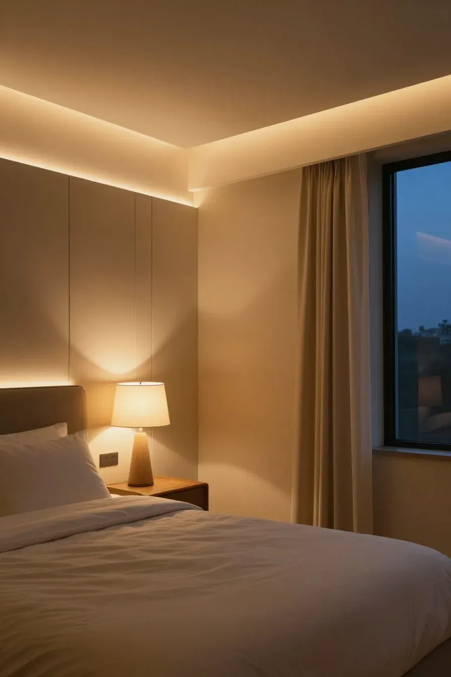 Warm ambient lighting and LED accents in a cozy beige bedroom with wall paneling.