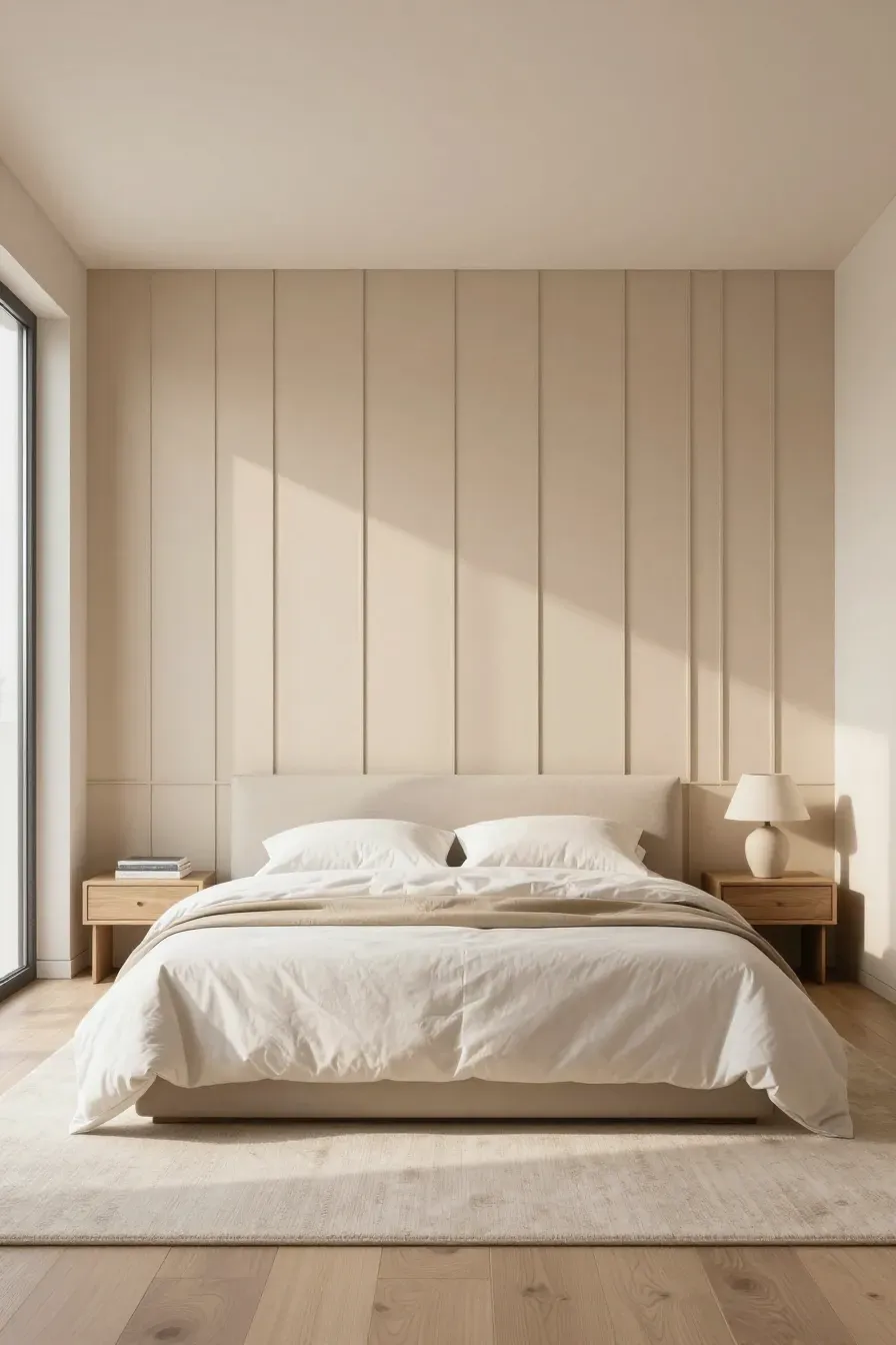 A wide-angle view of a modern beige bedroom with vertical wall paneling behind a white bed.