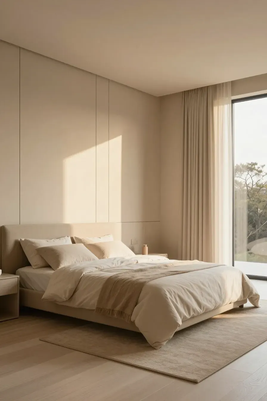 A wide-angle view of a luxury bedroom with warm beige panelled walls and soft golden hour lighting.