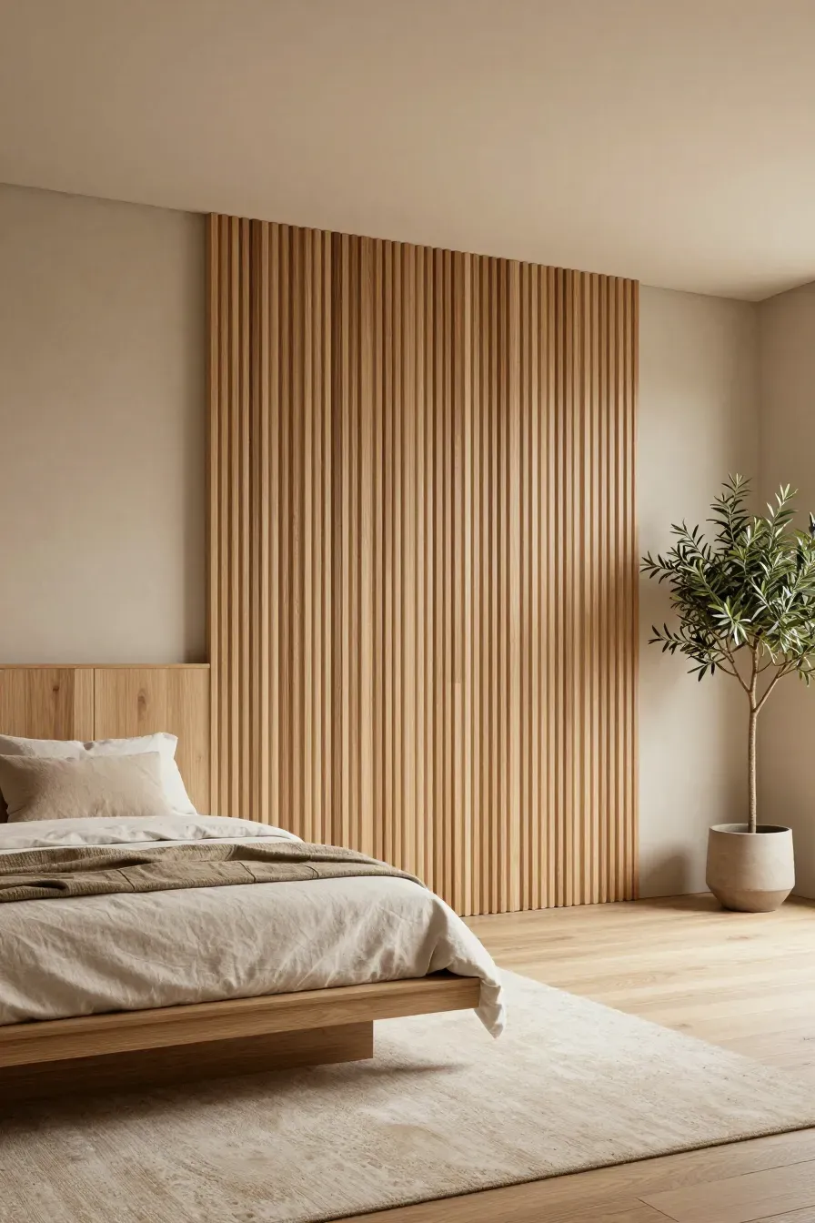 A bedroom featuring natural oak wood slat panelling on a warm beige wall with an organic aesthetic.