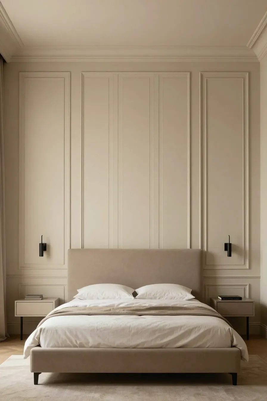 A symmetrical bedroom view showing a decorative beige panelled wall acting as a focal point behind the bed.