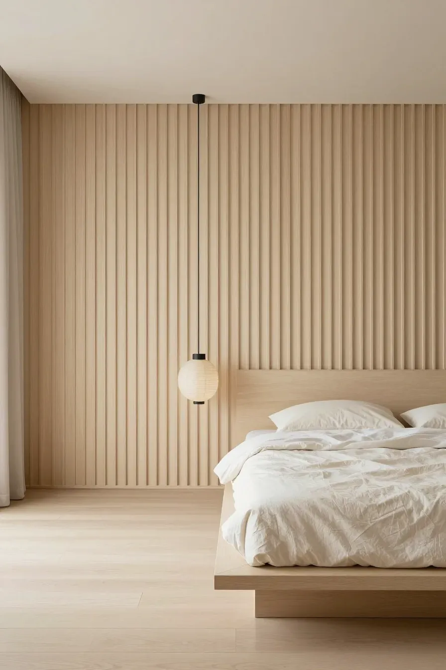 A minimalist Japandi bedroom with slim wood slat panelling, low-profile furniture, and a warm beige palette.