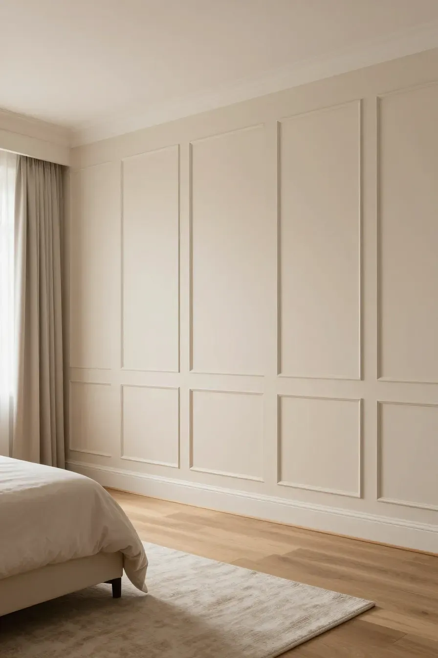 A clean, bright bedroom with pristine beige wall panelling and elegant modern decor.