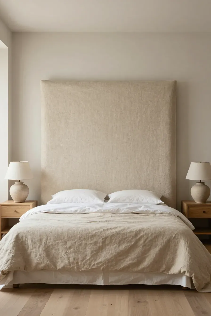 A wide shot of a modern bedroom featuring a tall beige linen upholstered headboard and light oak furniture.