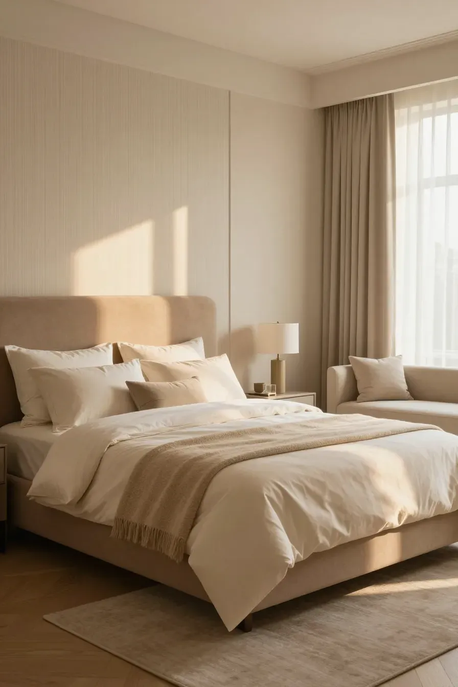 A professionally styled bedroom with layered shades of tan and cream textiles and a textured headboard.