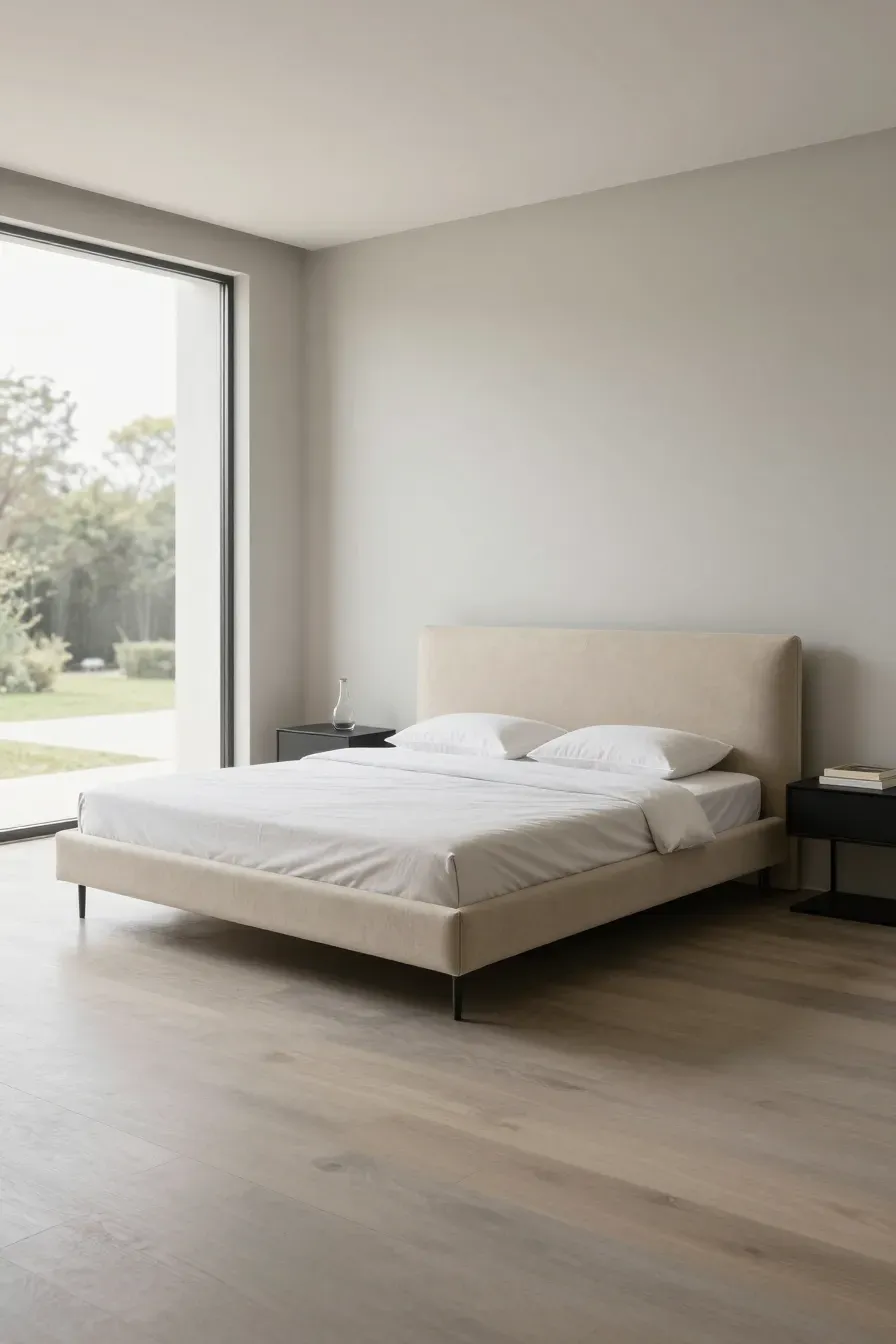 A low-profile beige bed frame in a modern minimalist bedroom with black metal accents and large windows.