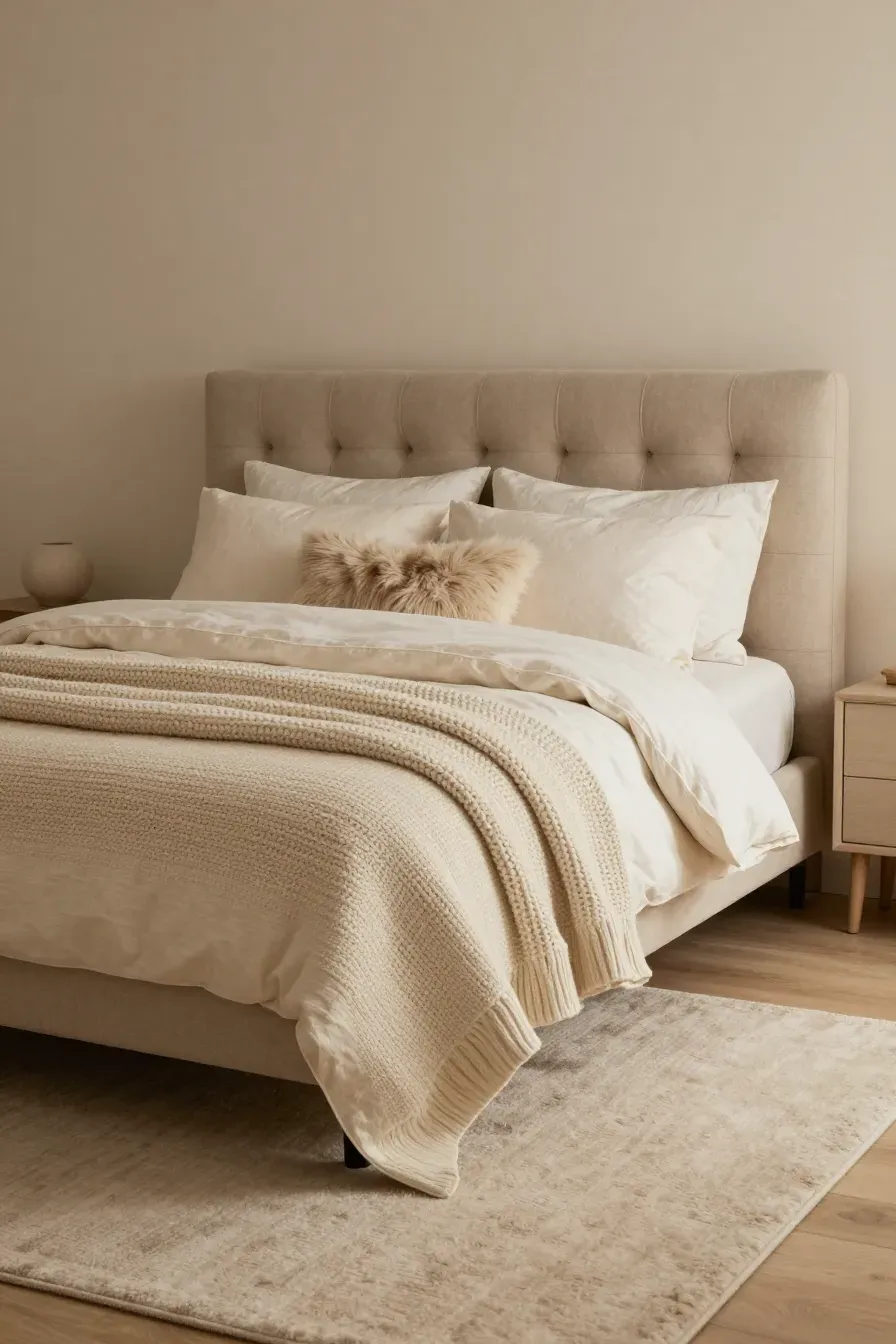 A cozy bedroom with a beige headboard layered with chunky knit blankets and faux fur pillows.
