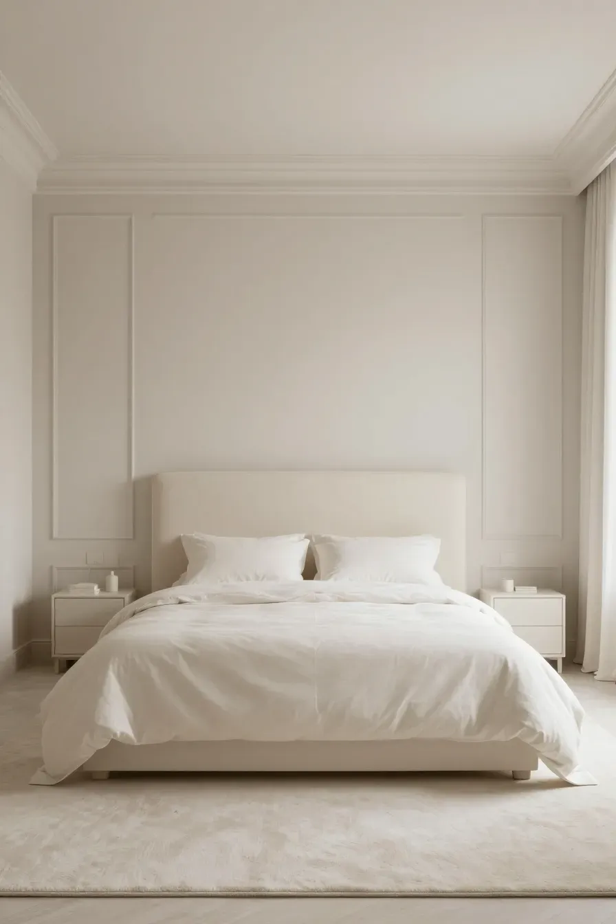 A monochromatic bedroom featuring a cream headboard against soft greige walls with warm lighting.