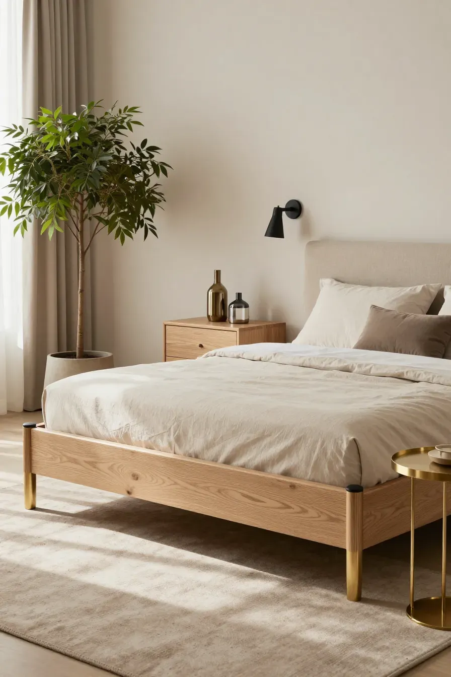 A beige bed frame styled with light oak wood furniture and elegant brass and black metal accents.