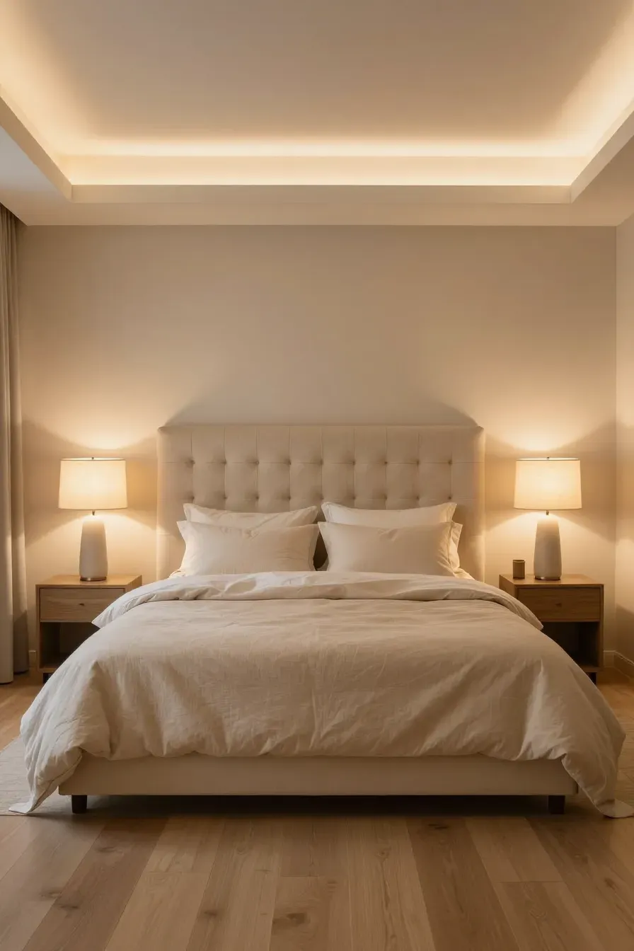 A luxurious beige bedroom with a cream tufted headboard and warm bedside lamp lighting.