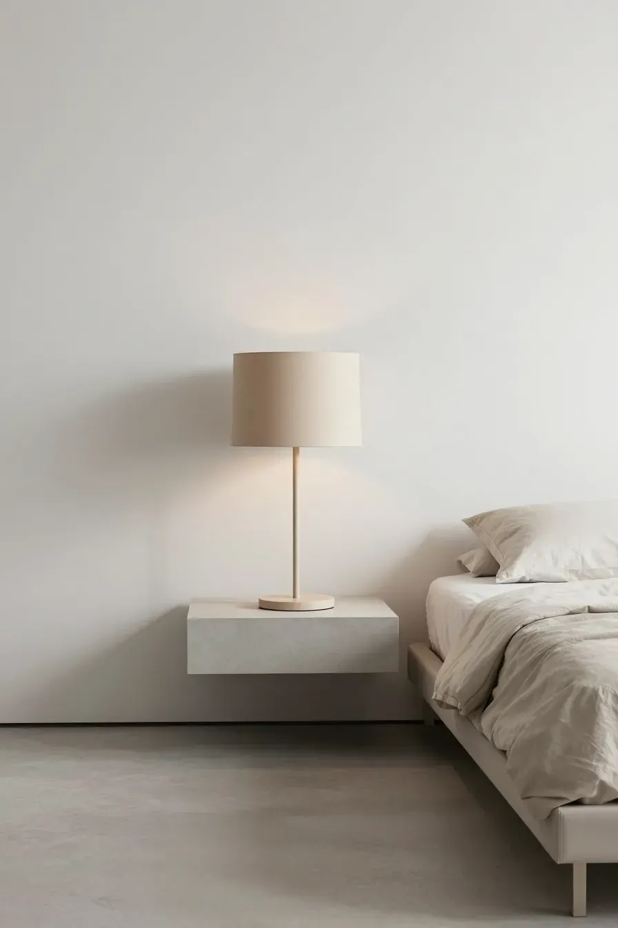 A modern minimalist bedroom featuring a slim beige metal lamp on a geometric nightstand.
