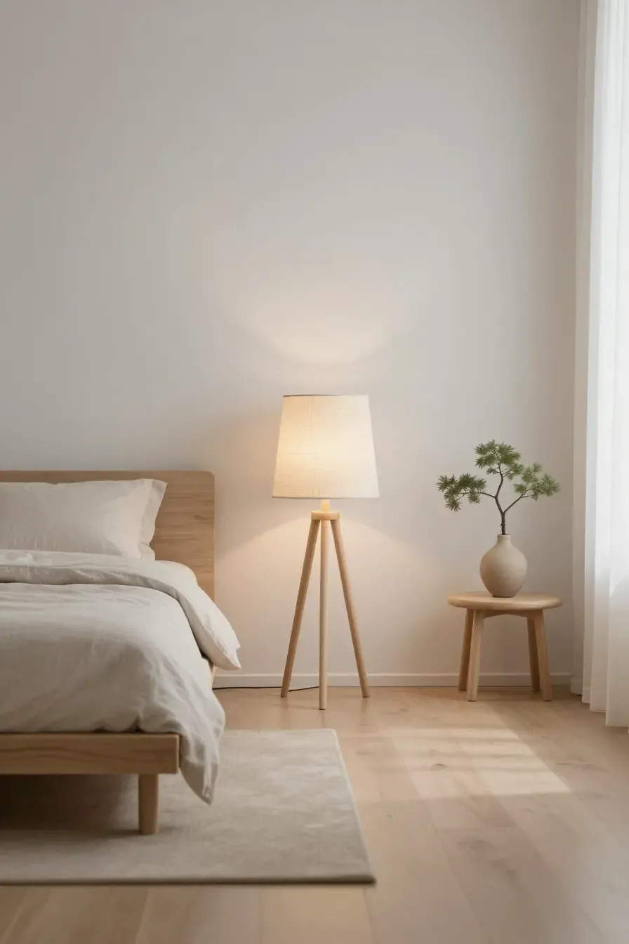 A Japandi-style bedroom with a light wood and beige lamp creating a peaceful, zen atmosphere.