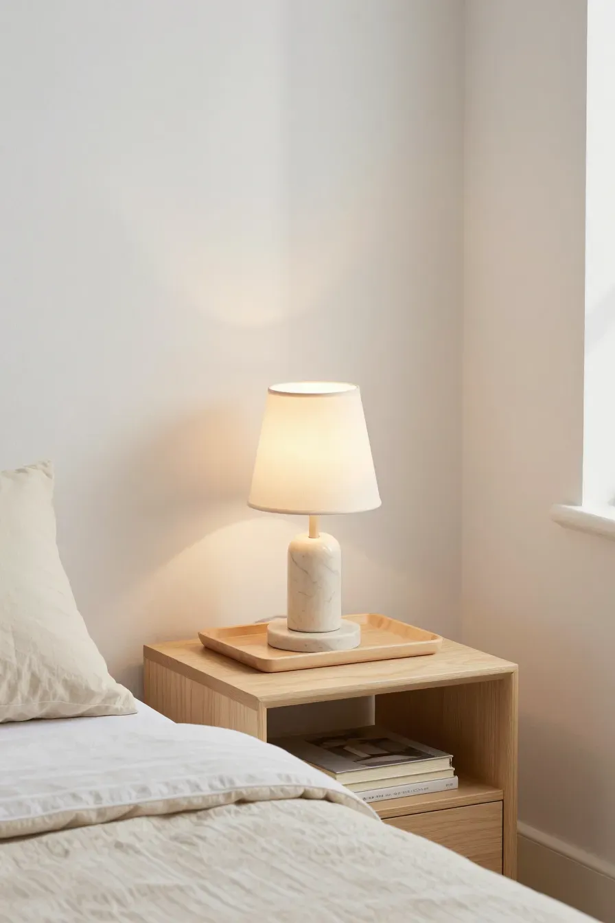 A small beige lamp on a narrow nightstand in a compact, well-organized bedroom.