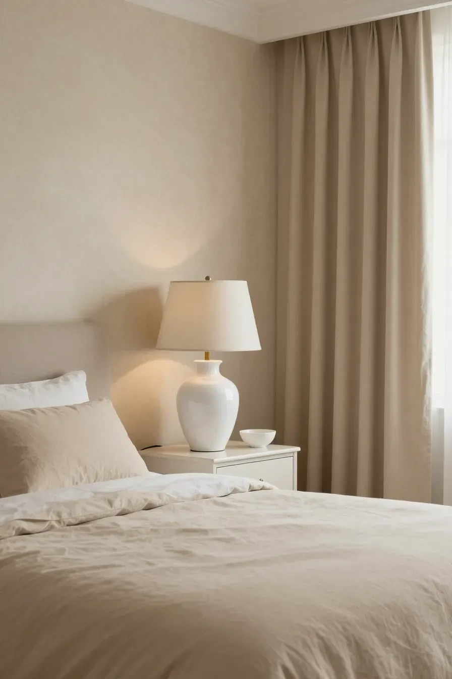 A crisp white bedside lamp providing a clean contrast in a beautifully layered beige bedroom.