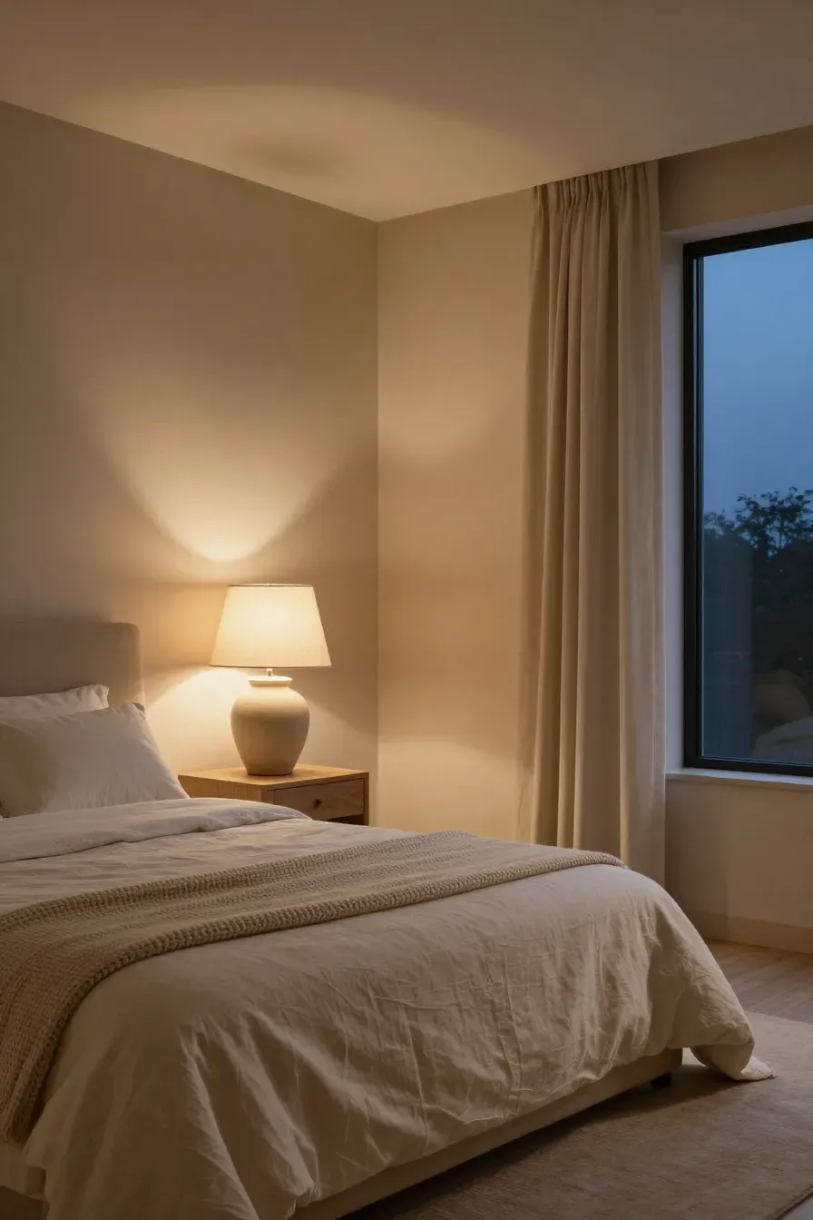A wide shot of a peaceful beige bedroom featuring two glowing bedside lamps with warm white bulbs.