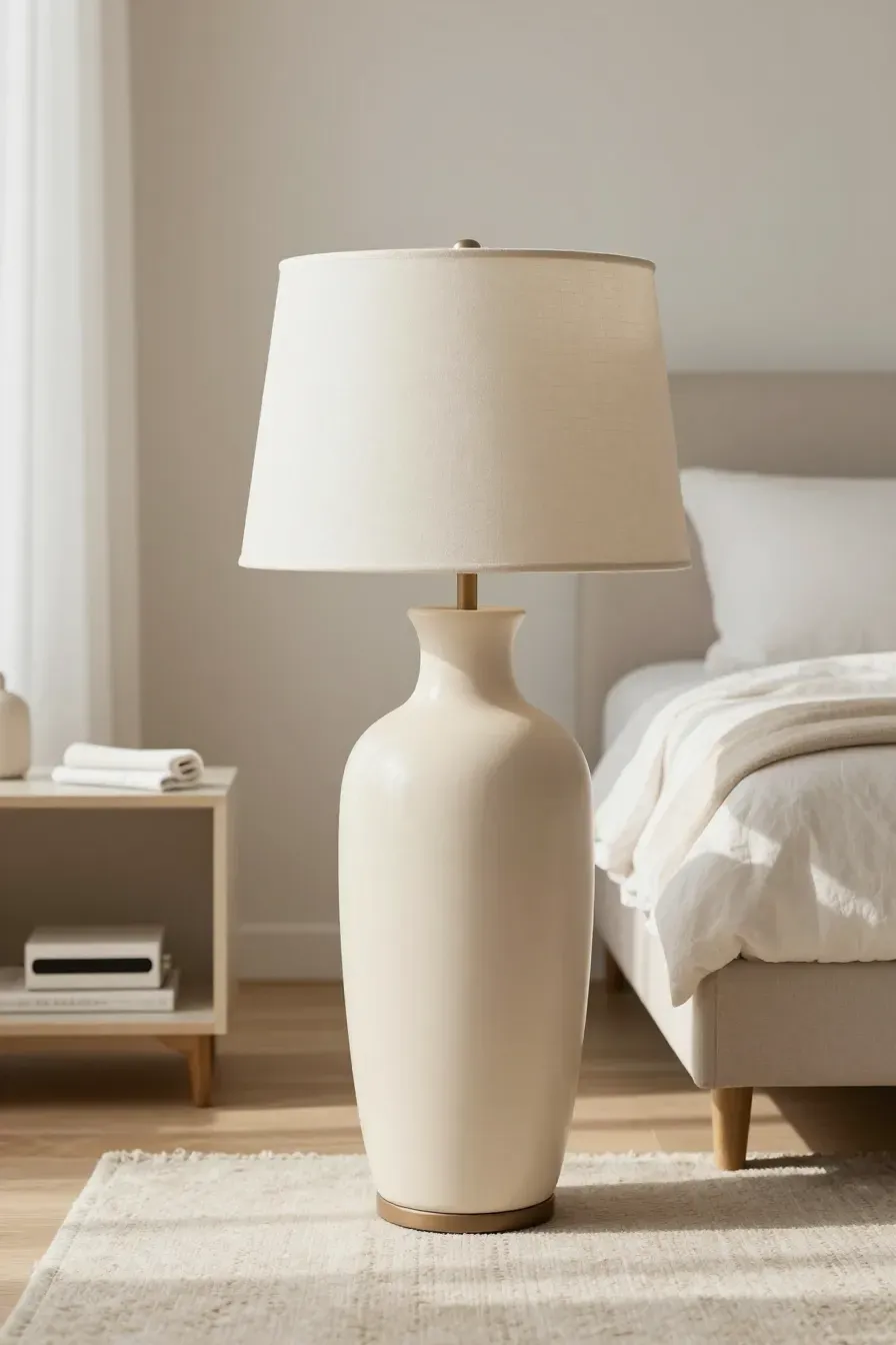A clean, sunlit bedroom featuring a pristine beige ceramic lamp on a light wood nightstand.