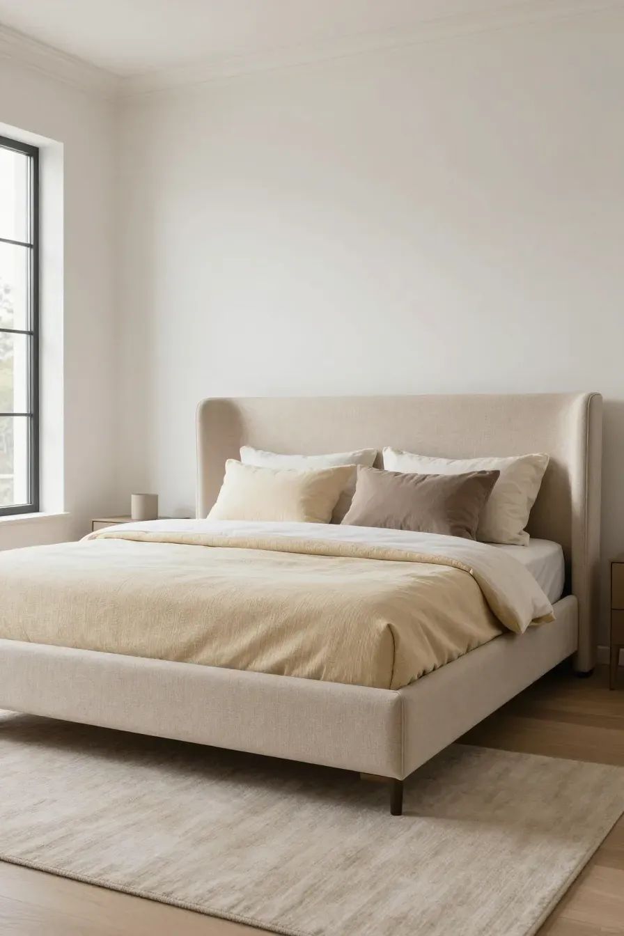 A luxury bedroom with an upholstered bed showcasing beige, cream, and taupe fabric tones.