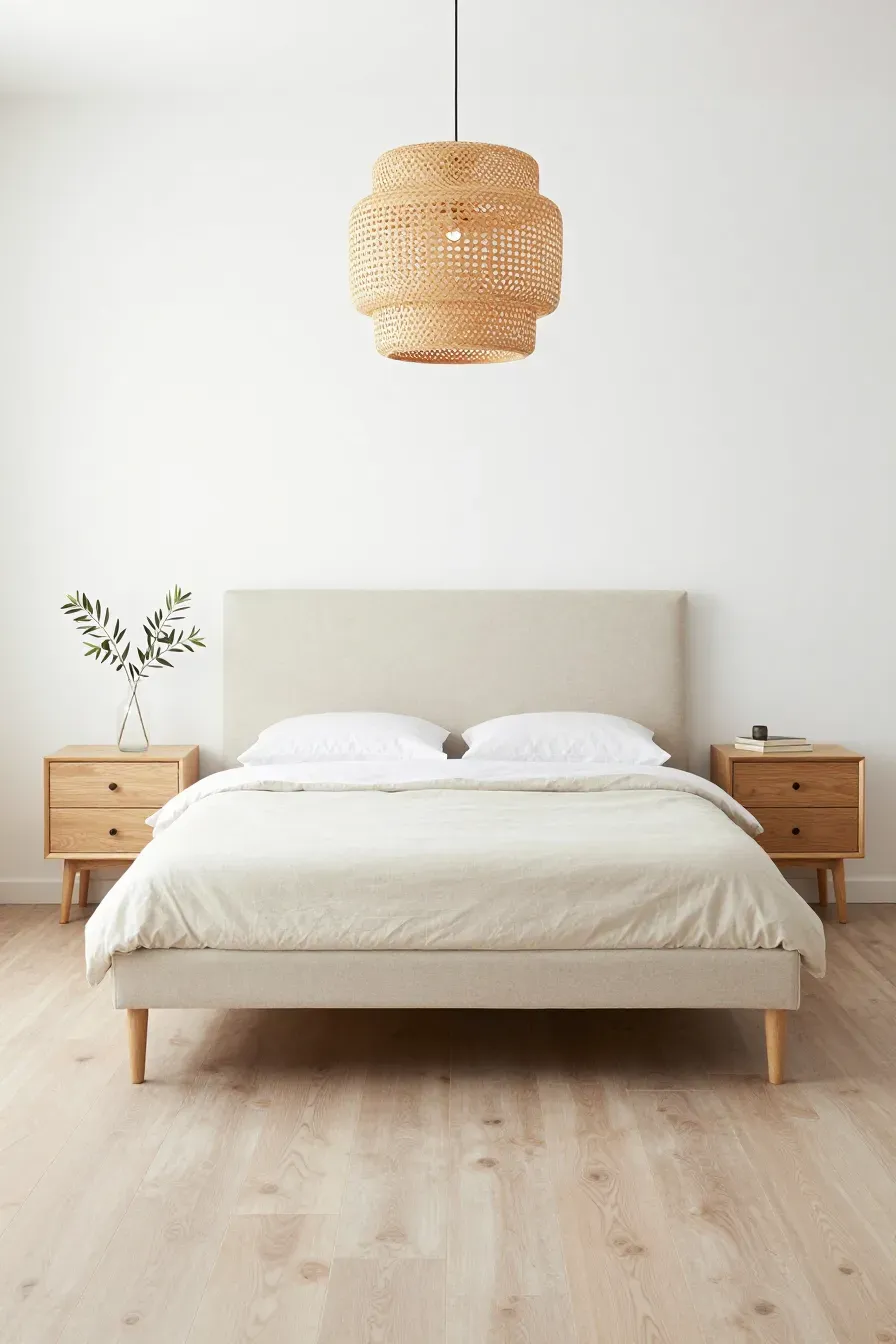 A bright Scandinavian bedroom featuring a minimalist beige upholstered bed and light wood furniture.