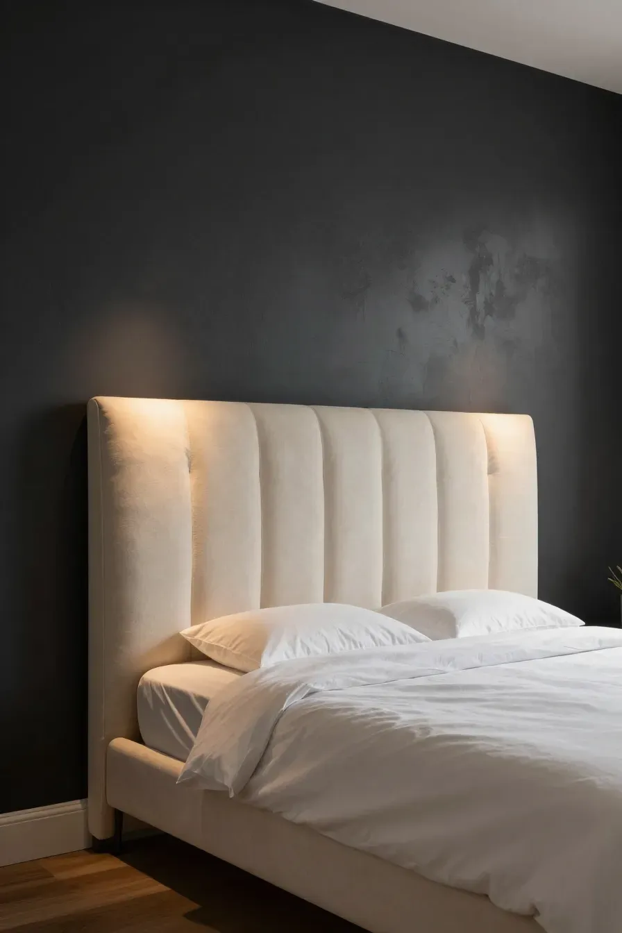 A plush cream headboard contrasted against a dark charcoal lime-wash bedroom wall.