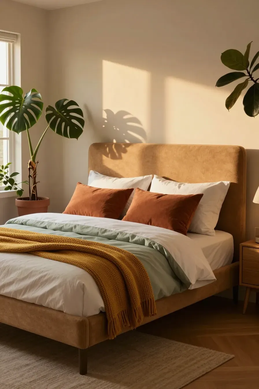 A cozy bedroom with a tan upholstered bed styled with terracotta and sage green bedding.