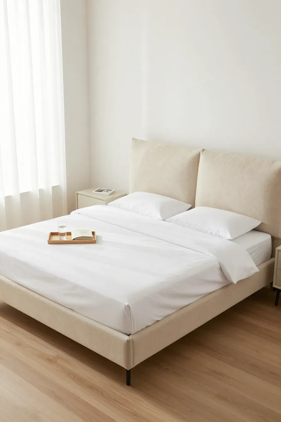 A pristine and bright bedroom featuring a perfectly maintained beige upholstered bed.