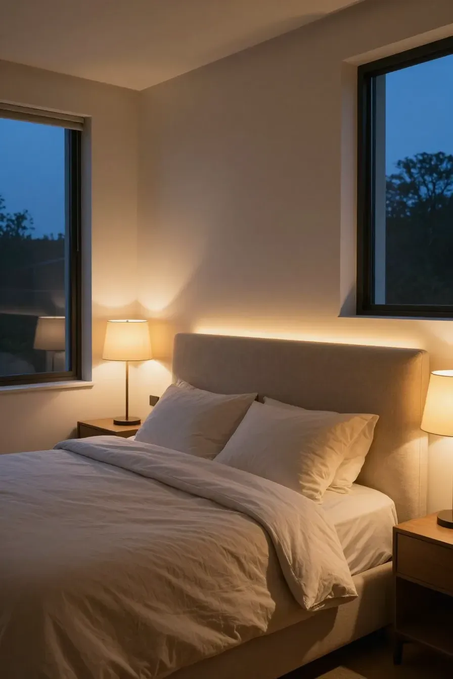 A bedroom at dusk with warm lamps highlighting the texture of a beige upholstered bed.