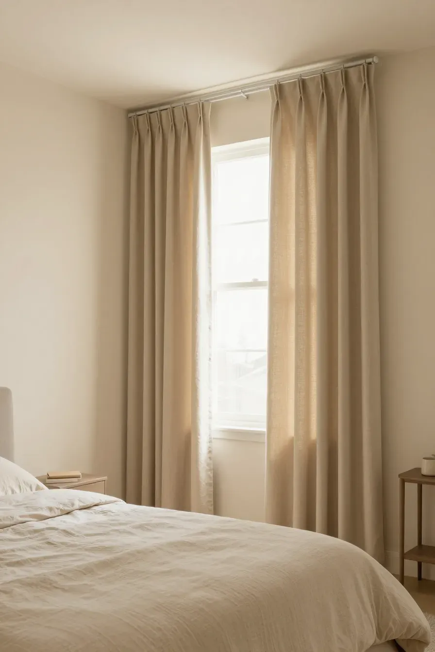 A calm bedroom with warm cream walls and slightly darker beige curtains framing a large window.