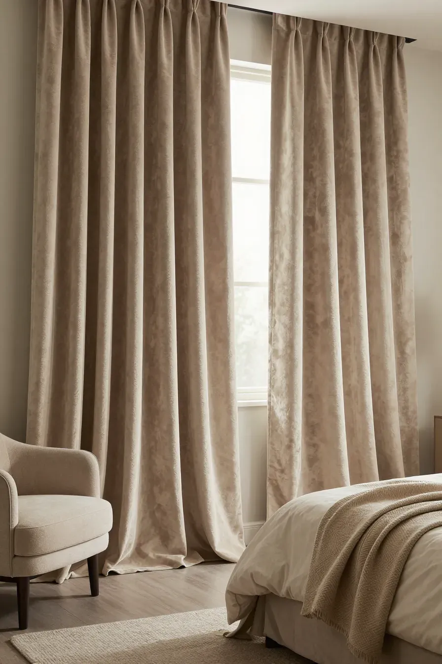 Thick beige velvet curtains in a cozy bedroom with matte finishes and soft lighting.