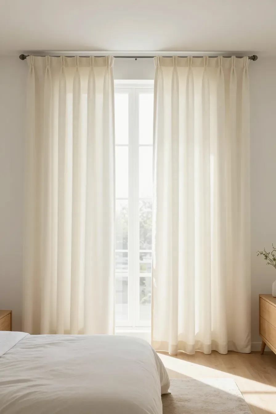 Bright bedroom with cream blackout curtains that block light while keeping the room airy.
