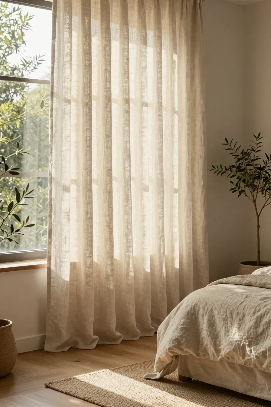 Natural linen curtains with a visible weave filtering soft sunlight into a neutral bedroom.