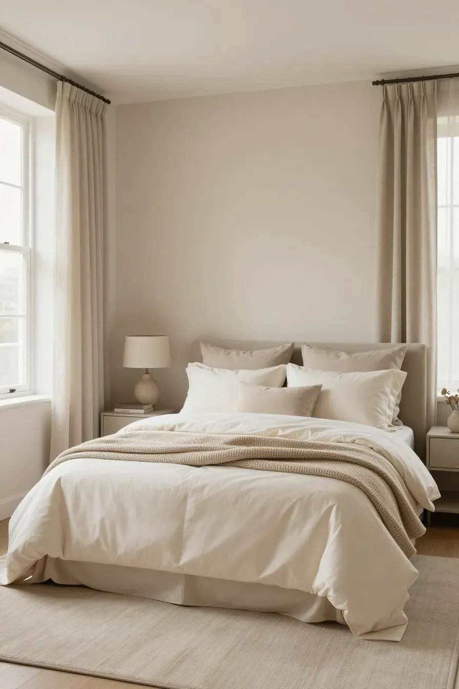A high-end bedroom featuring layered textures of cream, beige, and oatmeal for a calm look.