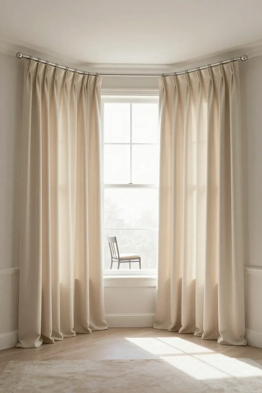 A bay window with individual beige curtain panels on a continuous track in a calm bedroom.