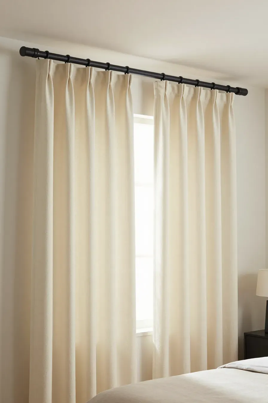 Modern matte black curtain rod holding cream curtains in a neutral, calm bedroom.