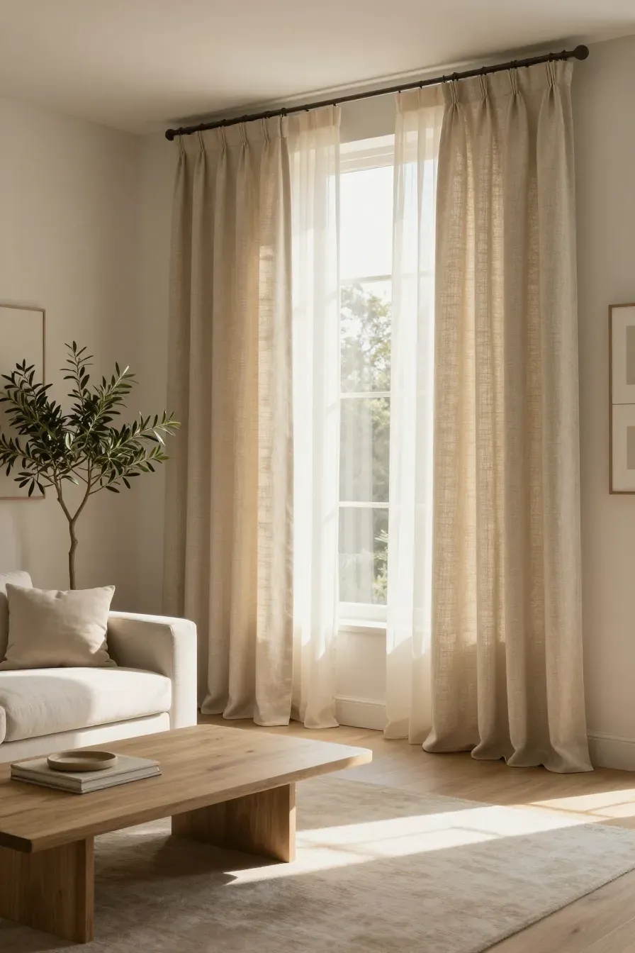 A bright living room with layered beige linen and sheer cream curtains under soft sunlight.
