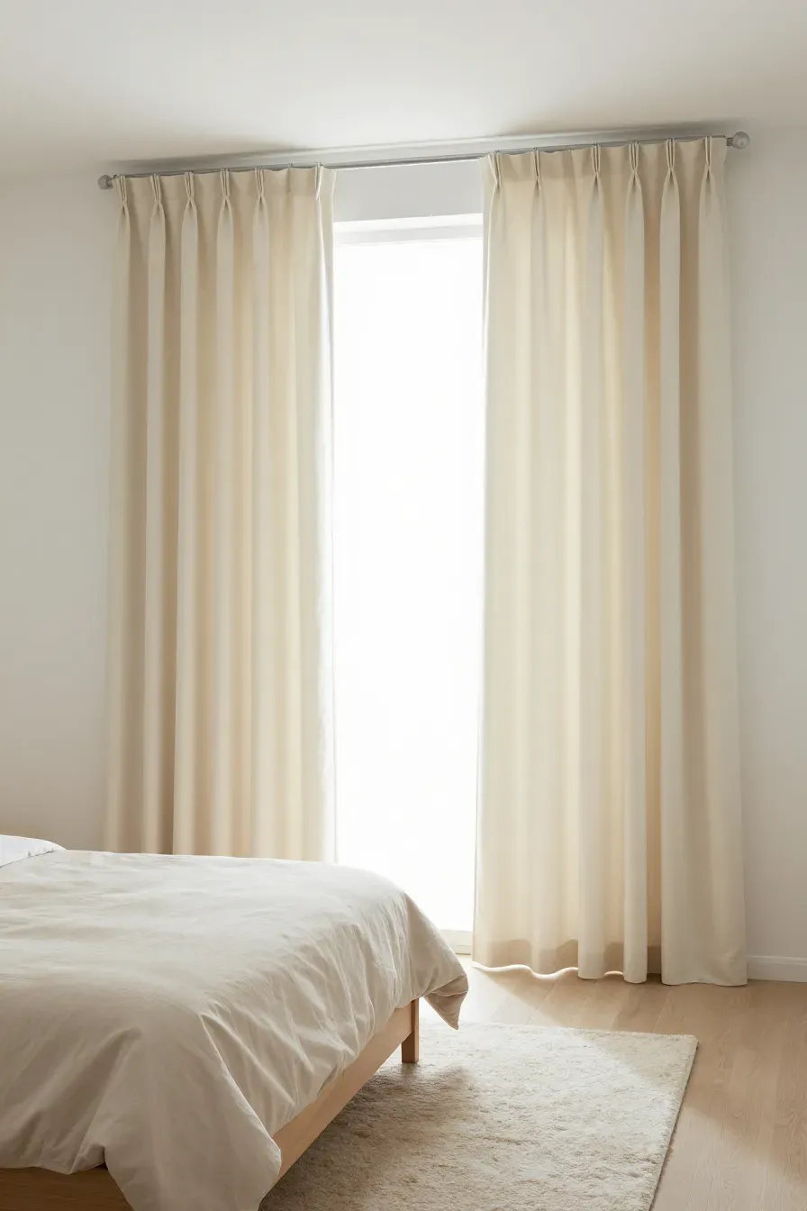 A spotless bedroom featuring crisp, wrinkle-free cream curtains and neutral bedding.