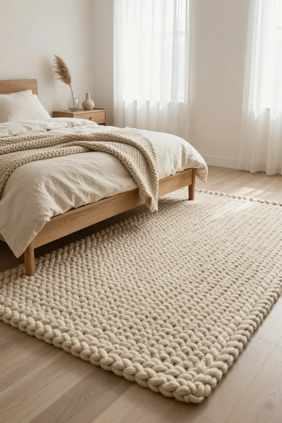A wide shot of a cozy bedroom featuring a thick chunky knit beige rug under a light wood bed.