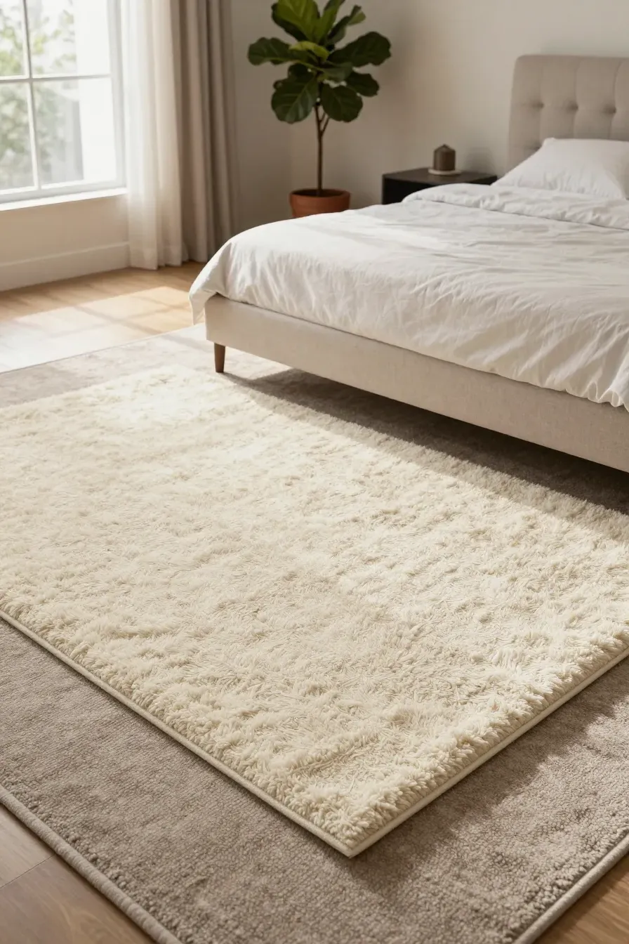 A plush cream area rug layered over a taupe carpet in a bright, modern bedroom.