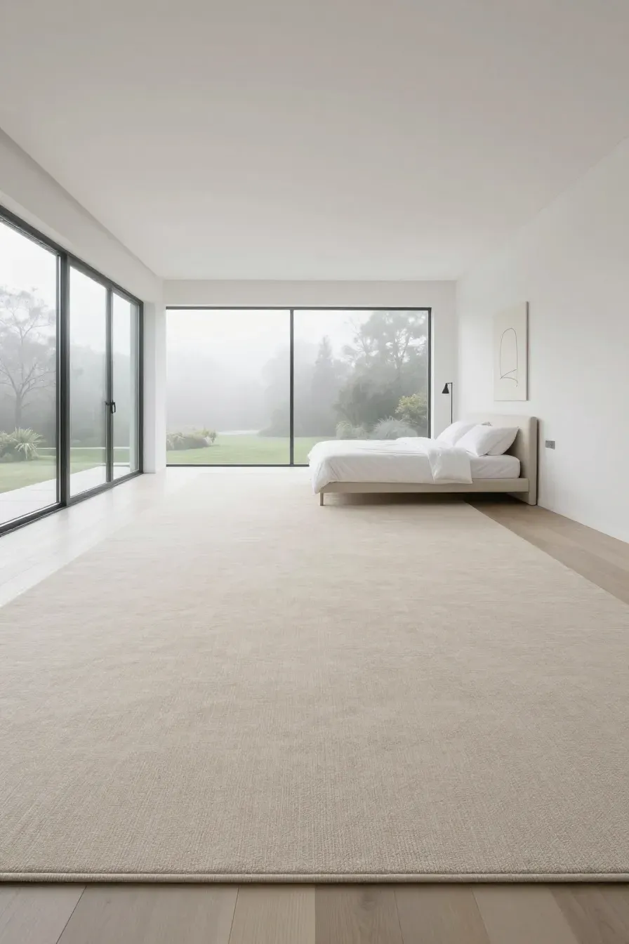 A bright, minimalist bedroom with a large neutral beige rug and floor-to-ceiling windows.