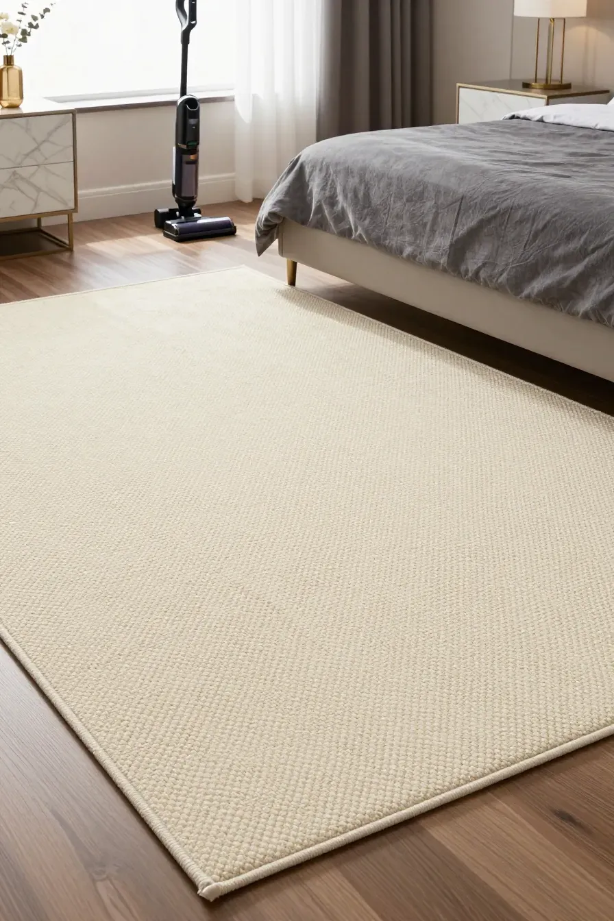 A spotless cream rug in a modern bedroom with charcoal bedding and bright natural light.